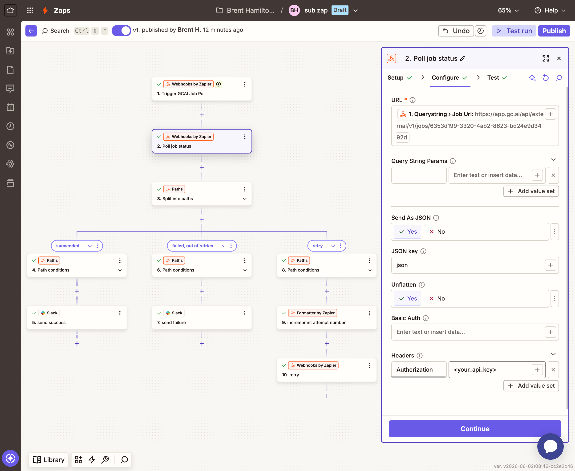 Zapier Webhooks GET configuration: URL mapped to job_url, headers with authorization