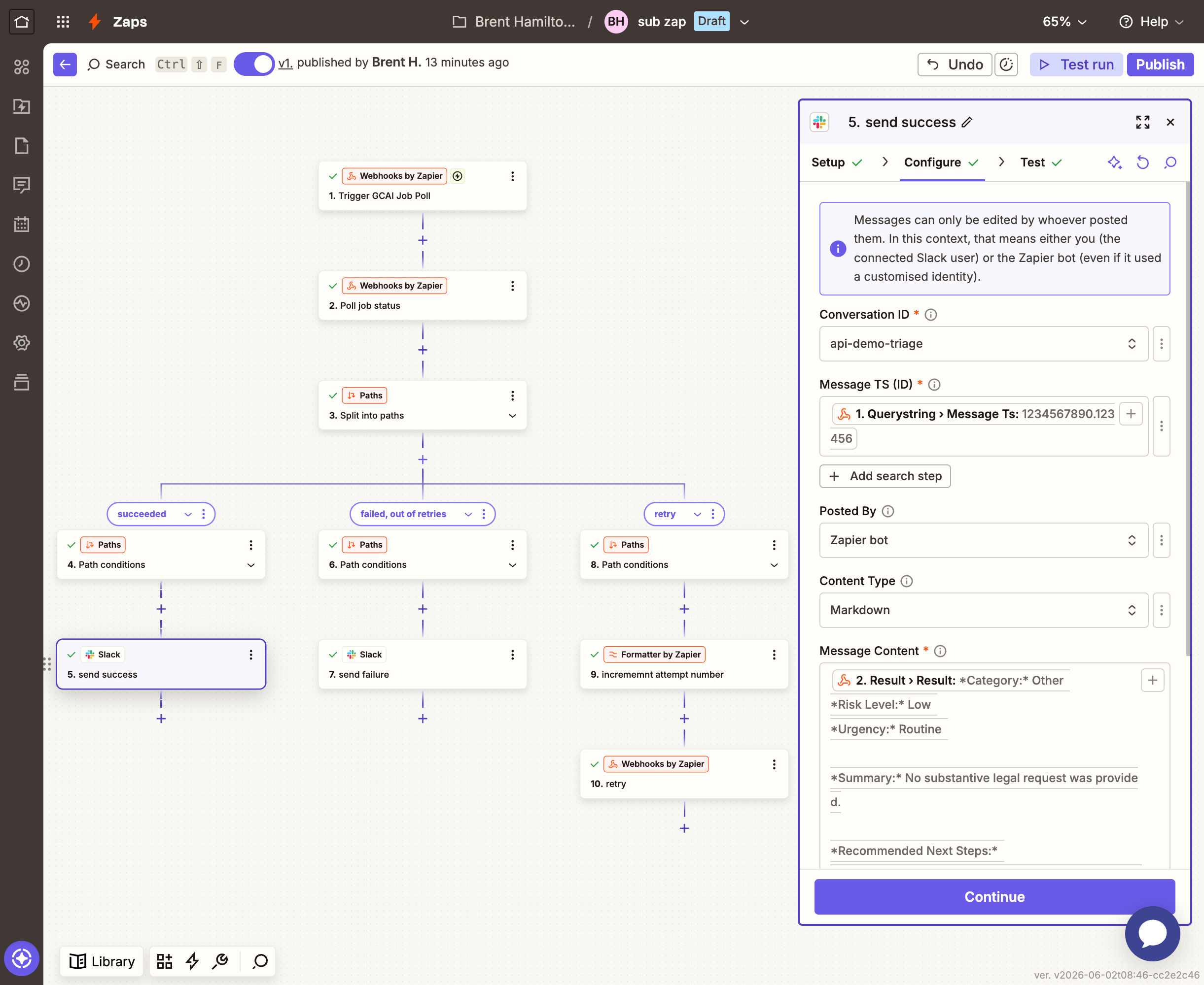Zapier Path A Edit Message configuration: channel, message TS, and result mapped from GET step