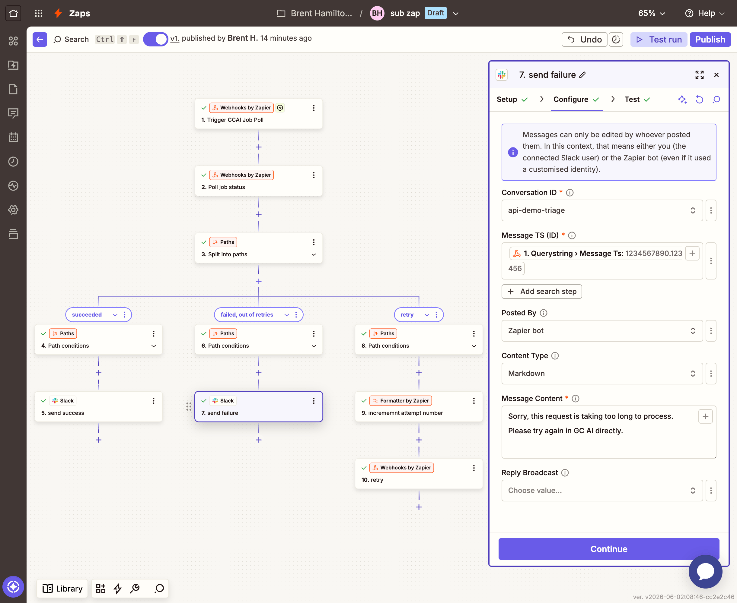 Zapier Path B Edit Message configuration: error message for max attempts reached