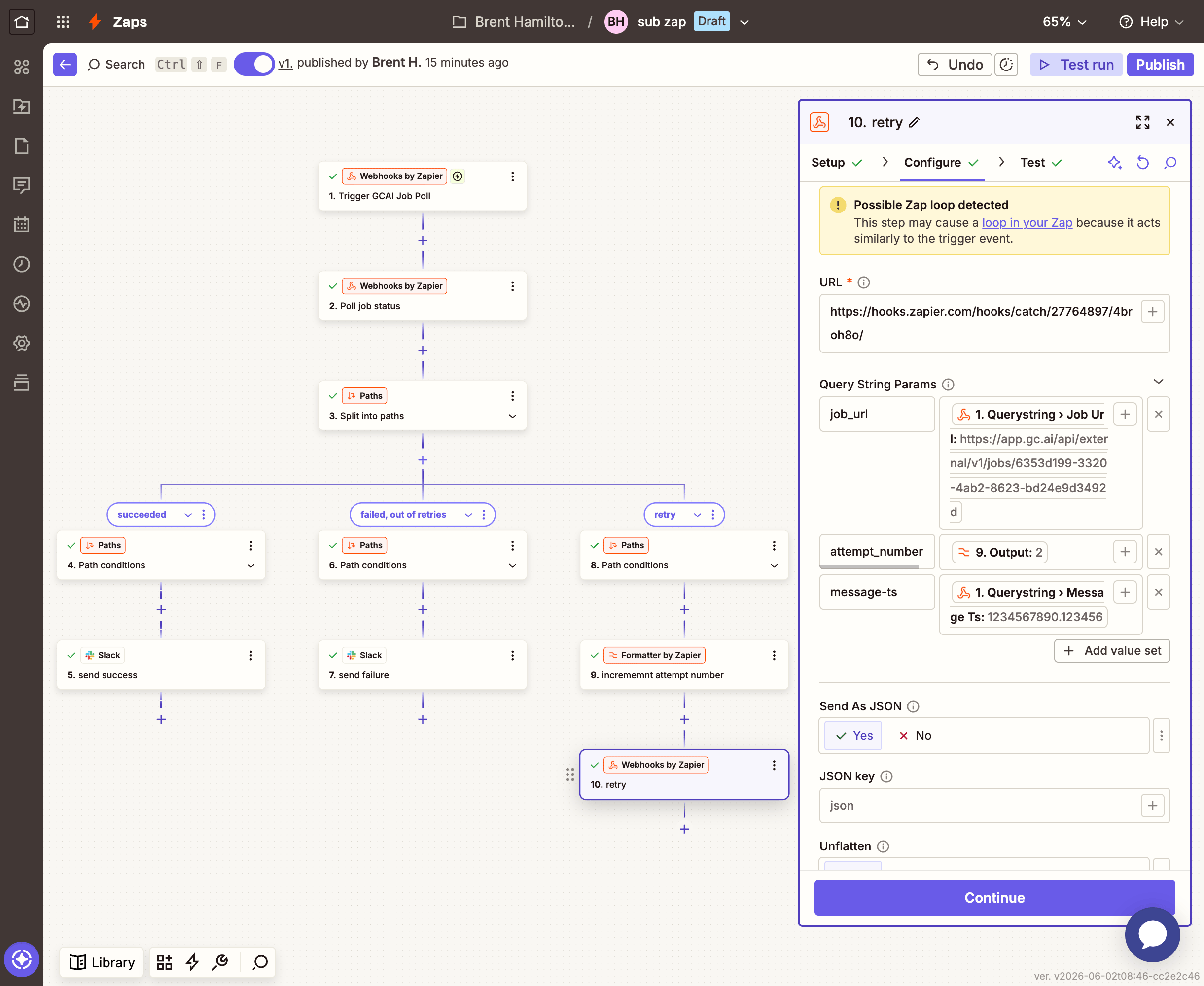 Zapier recursive GET step: URL set to sub-Zap's own Catch Hook URL with query string params