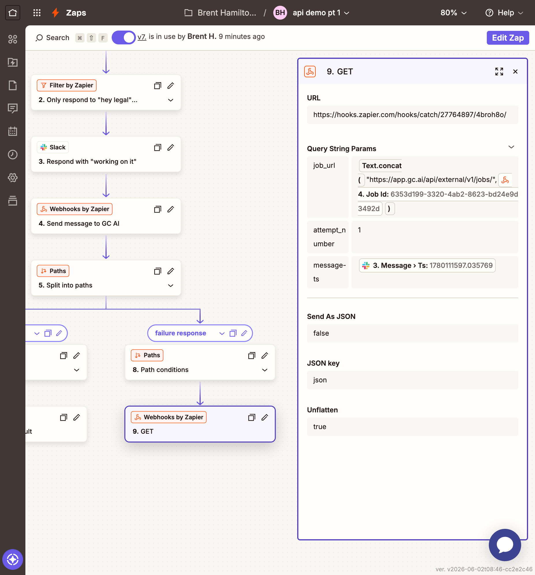 Main Zap Path B updated with GET step to sub-Zap: URL and query string params configured