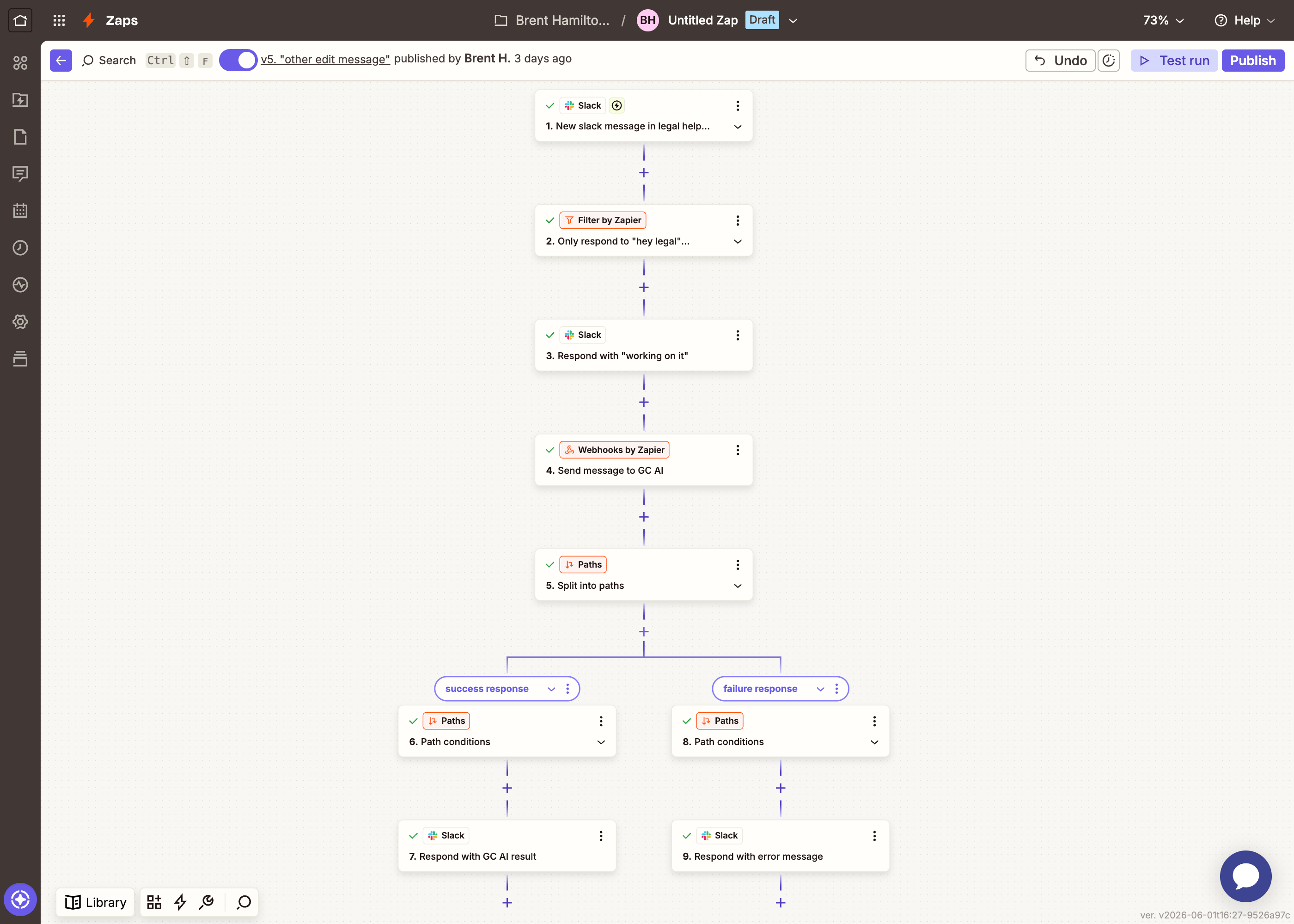 Slack thread showing a legal request with an automated triage reply including category, risk level, urgency, and recommended next steps
