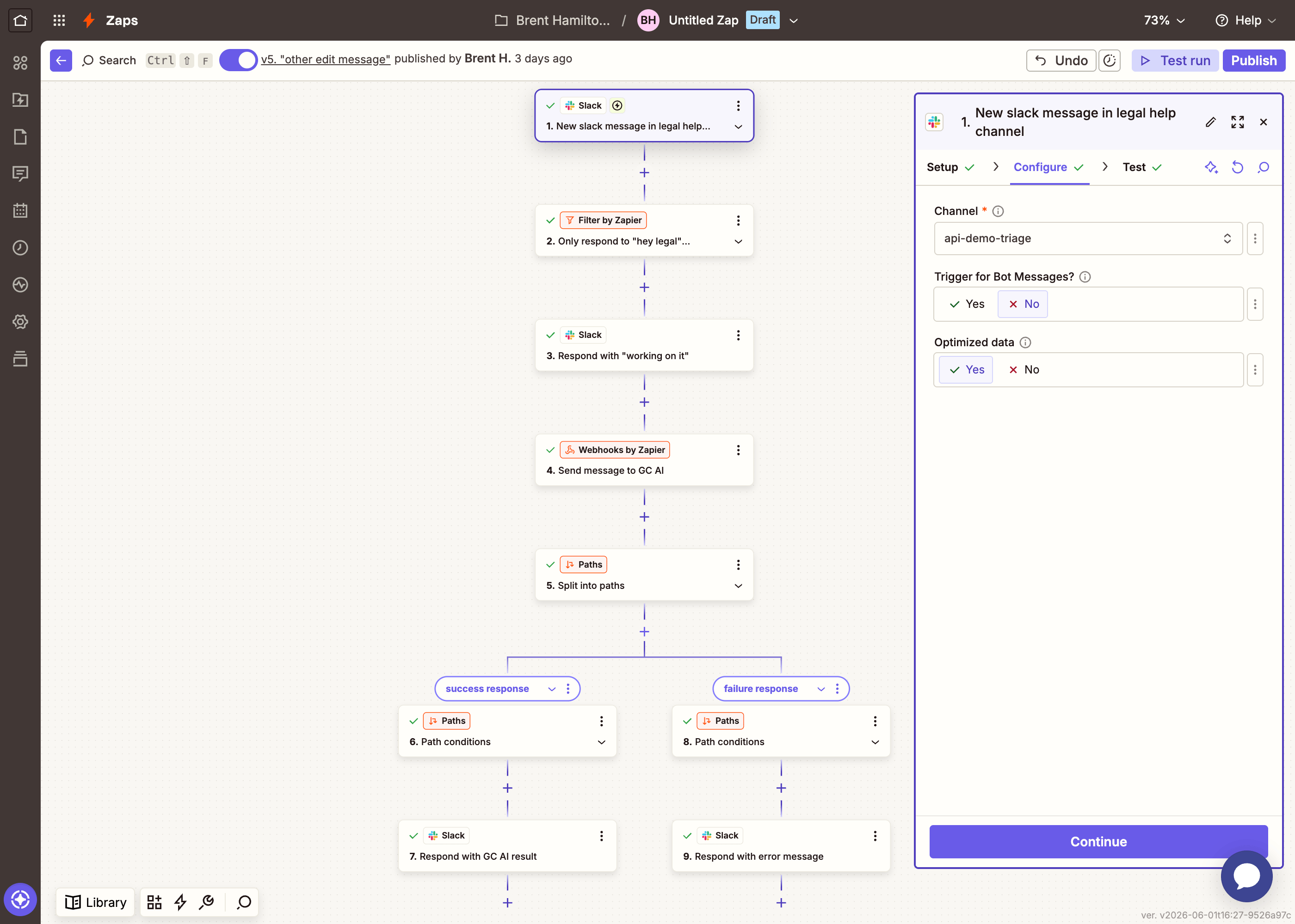 Zapier Slack trigger configuration: channel selection and bot message filter