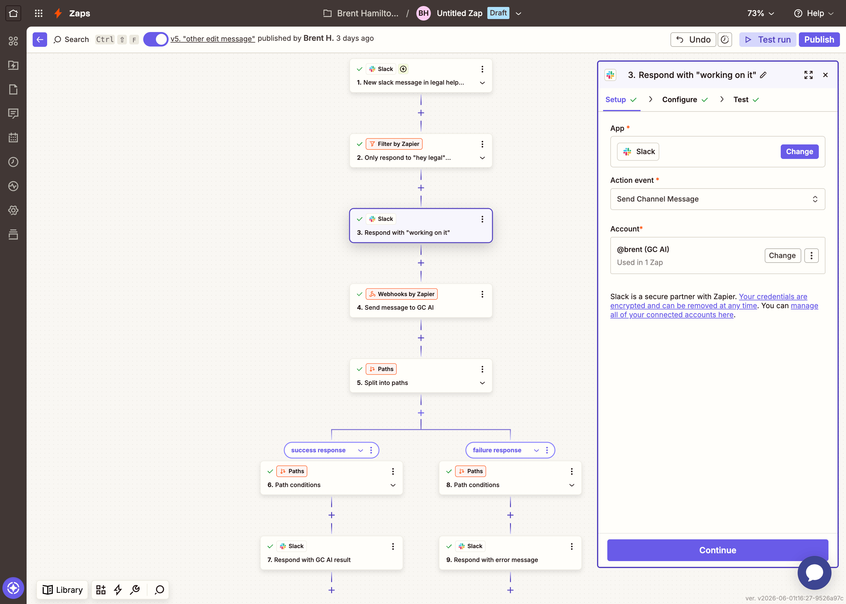 Zapier Slack Send Channel Message setup: choosing the app and event