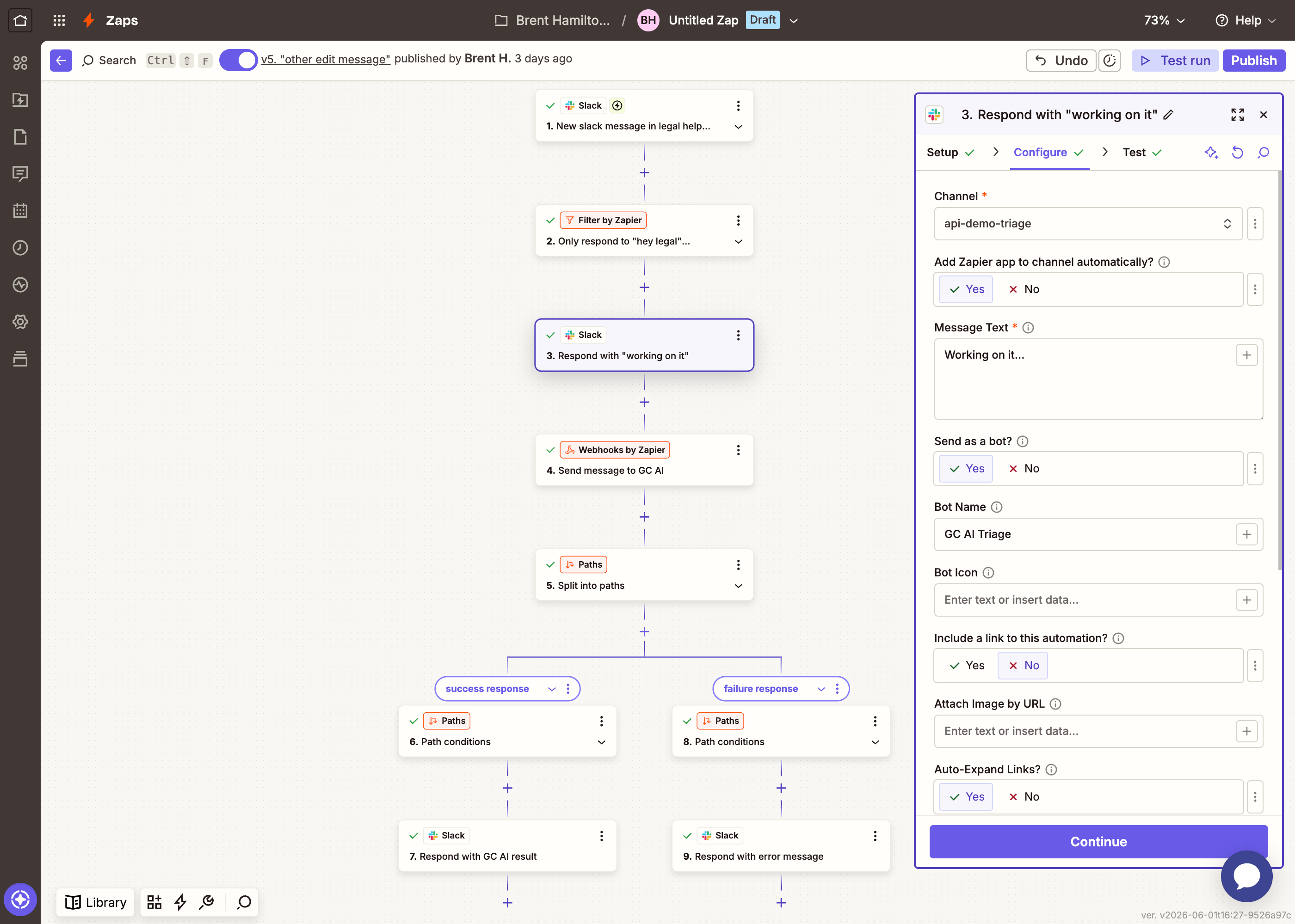 Zapier Slack Send Channel Message configuration: channel, message text, and bot name