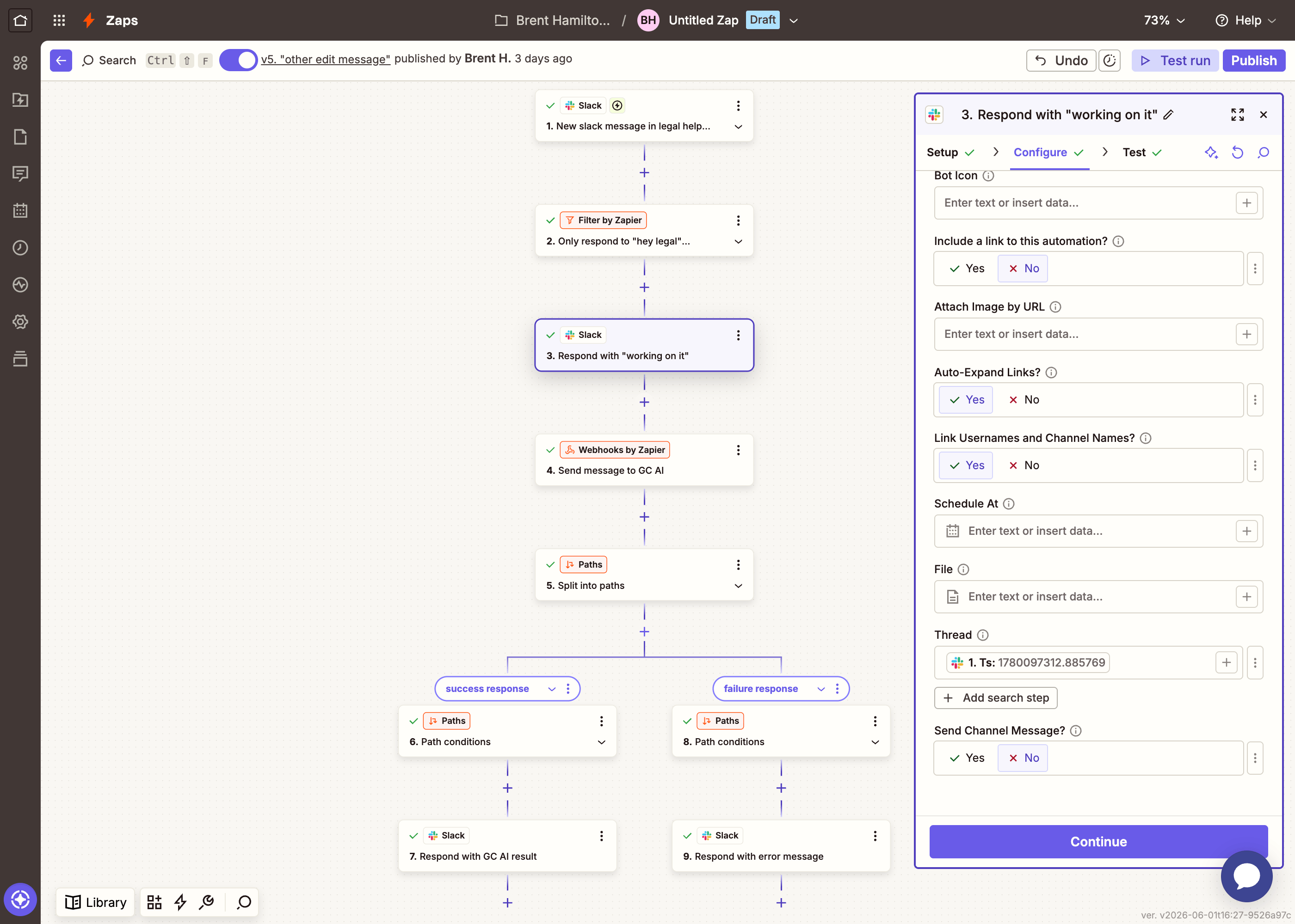 Zapier Slack Send Channel Message configuration continued: thread Ts mapping