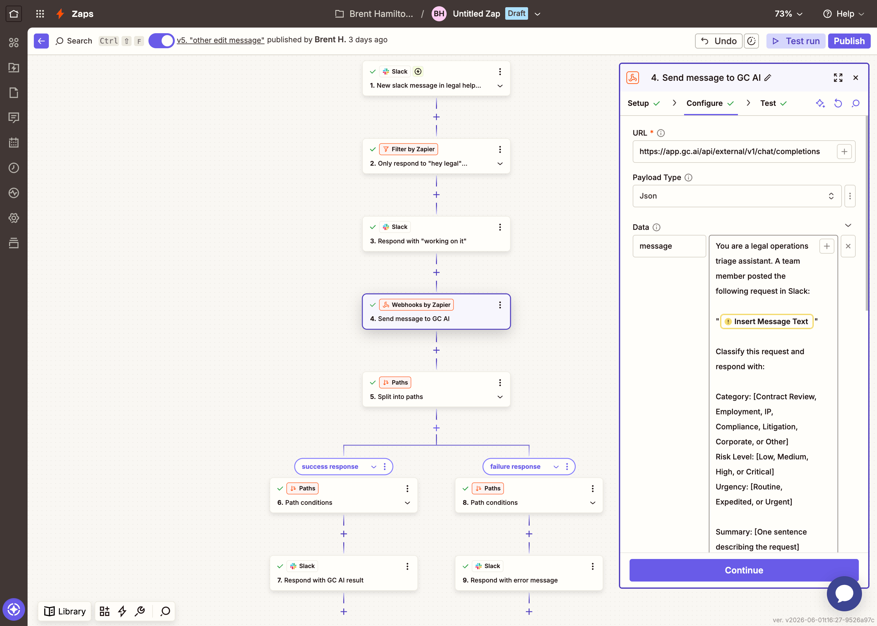 Zapier Webhooks POST configuration: URL, payload type, data key with classification prompt