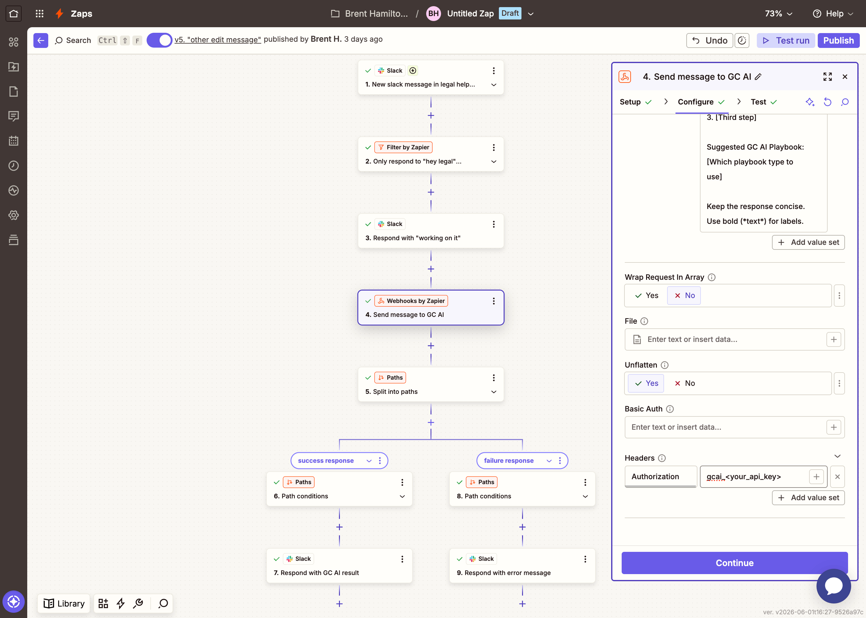 Zapier Webhooks POST configuration continued: wrap in array, unflatten, headers with authorization
