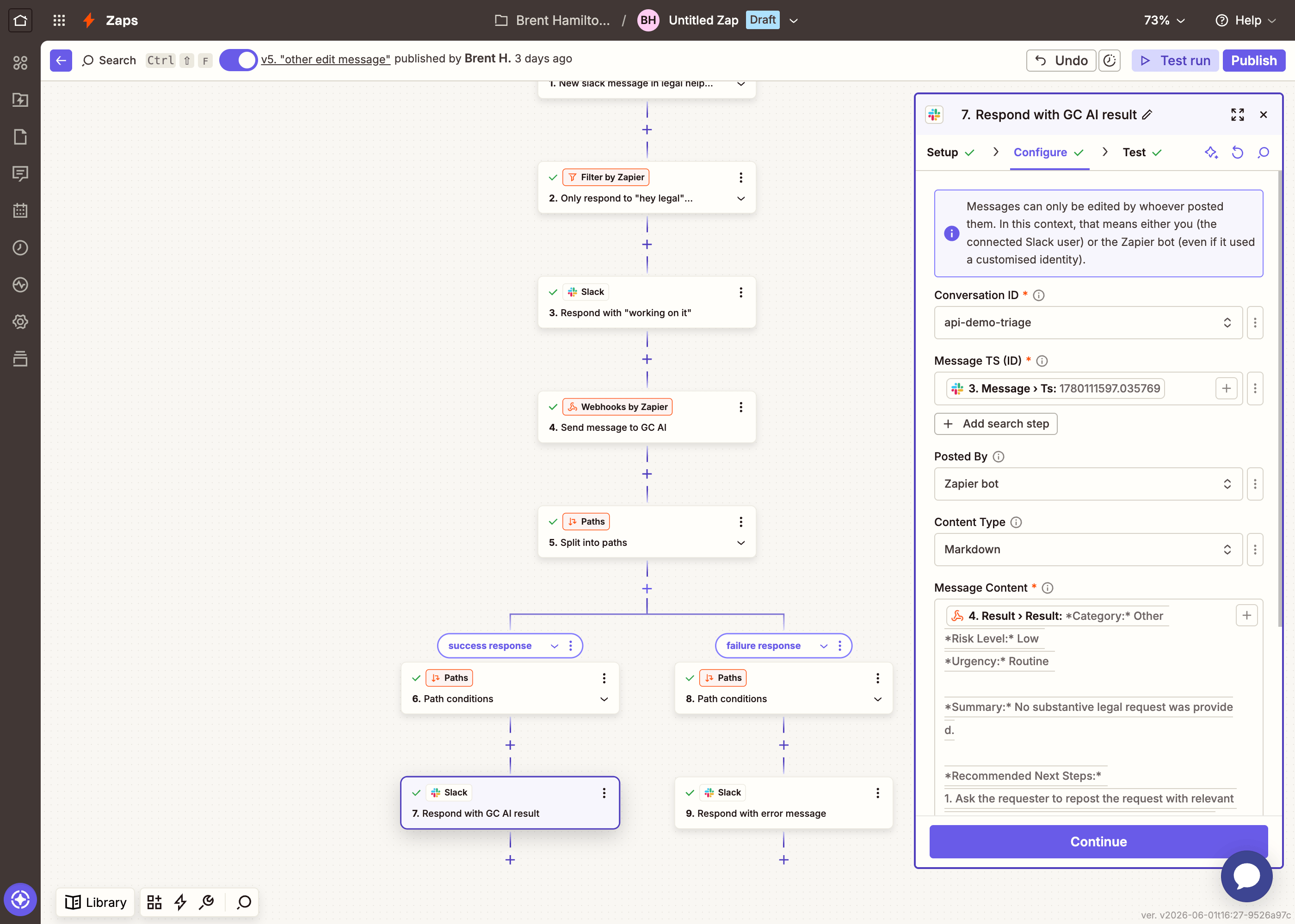 Zapier Edit Message configuration: conversation ID, message TS, and message content mapped from the webhooks result