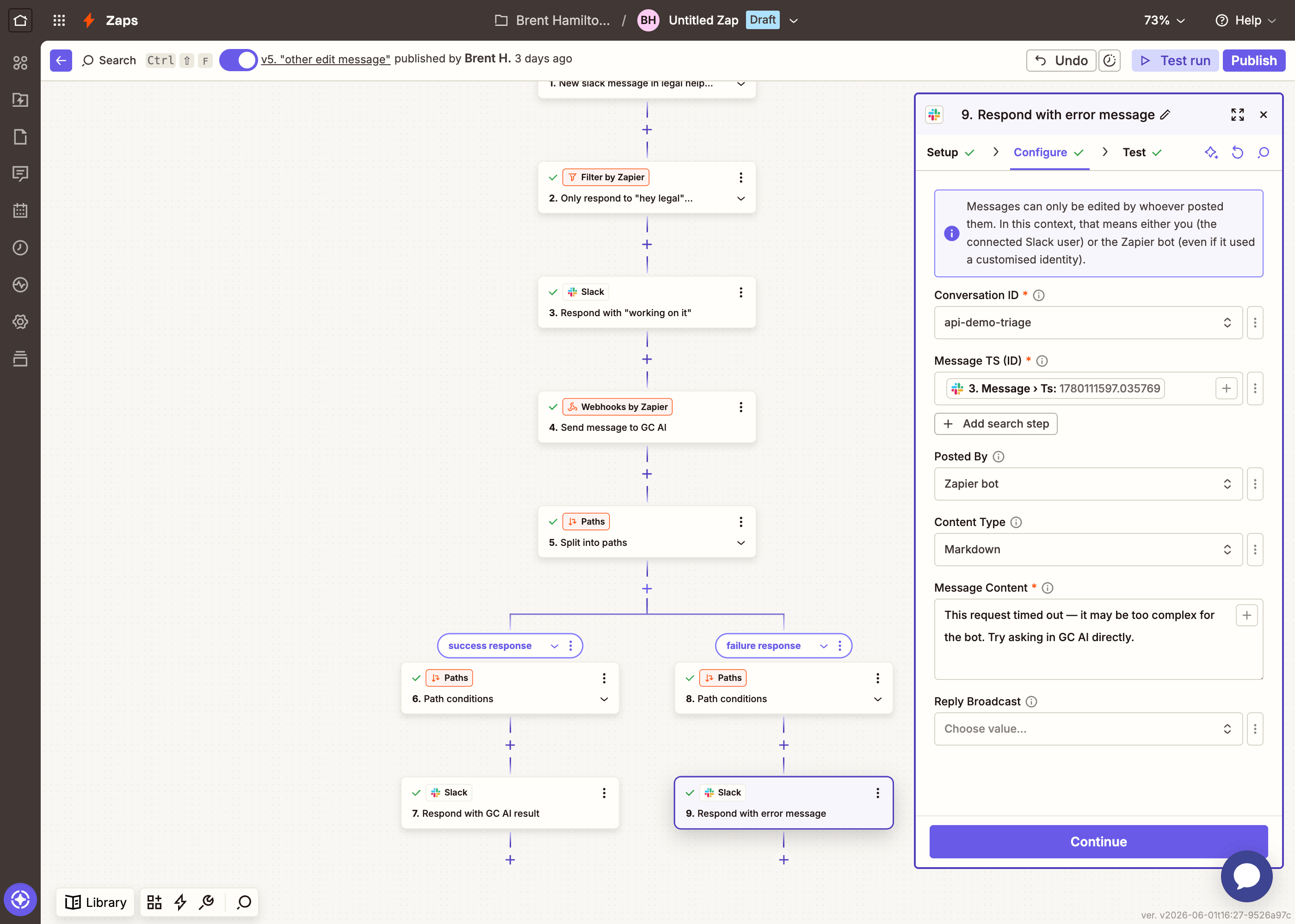 Zapier Edit Message configuration for the failure path: conversation ID, message TS, and error message content