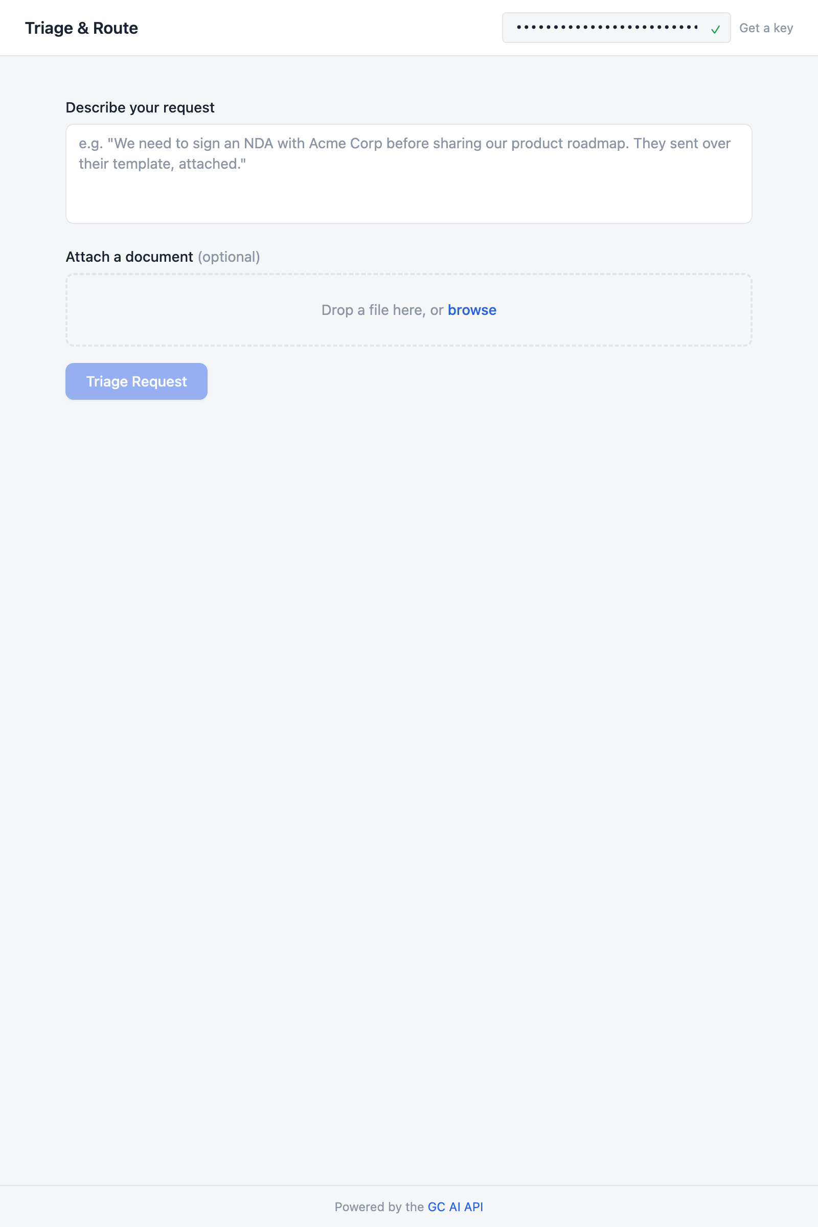 Request form with a text area, file upload zone with a selected PDF, and Triage Request button