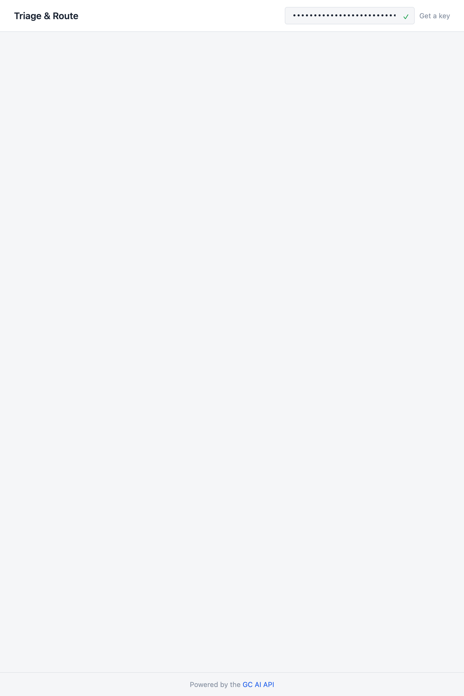 App header showing Triage and Route title with a validated API key and empty request form