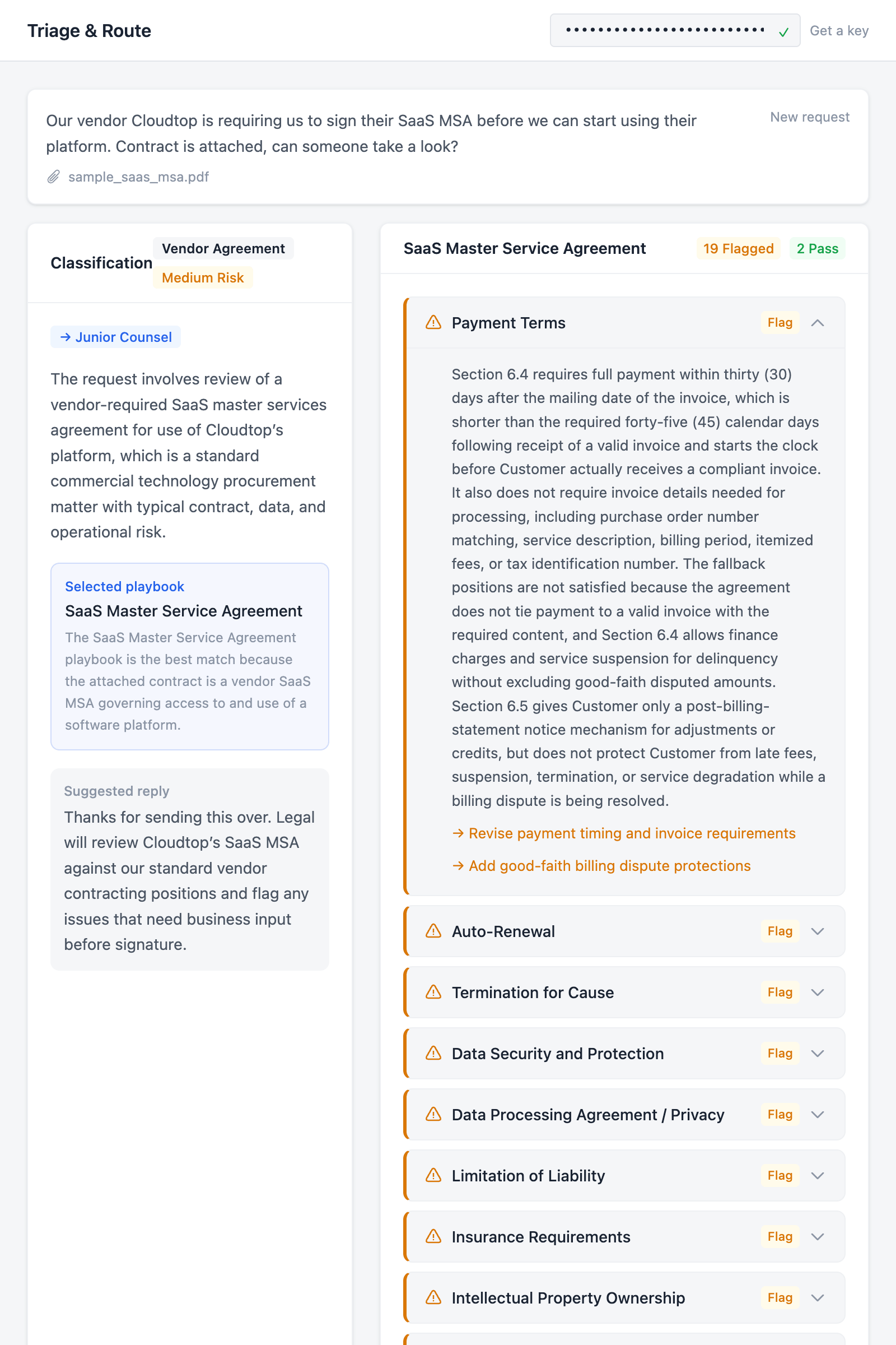 Triage and Route app showing a classified vendor agreement request on the left with playbook review results on the right