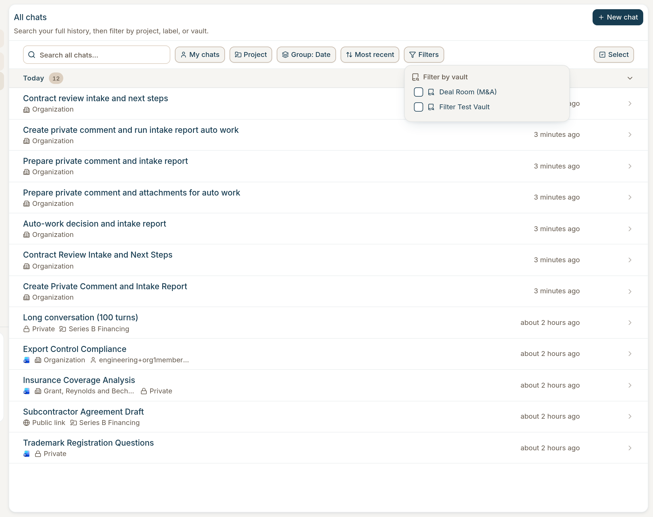 Search chats with the vault filter menu open