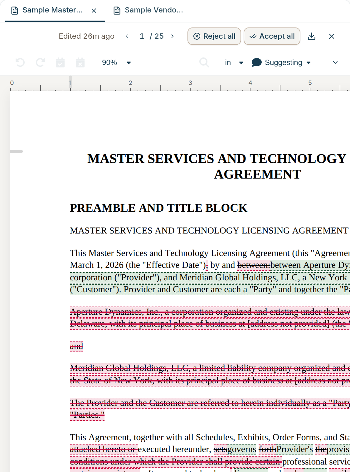 Two Word documents open as tabs in Easy Edit
