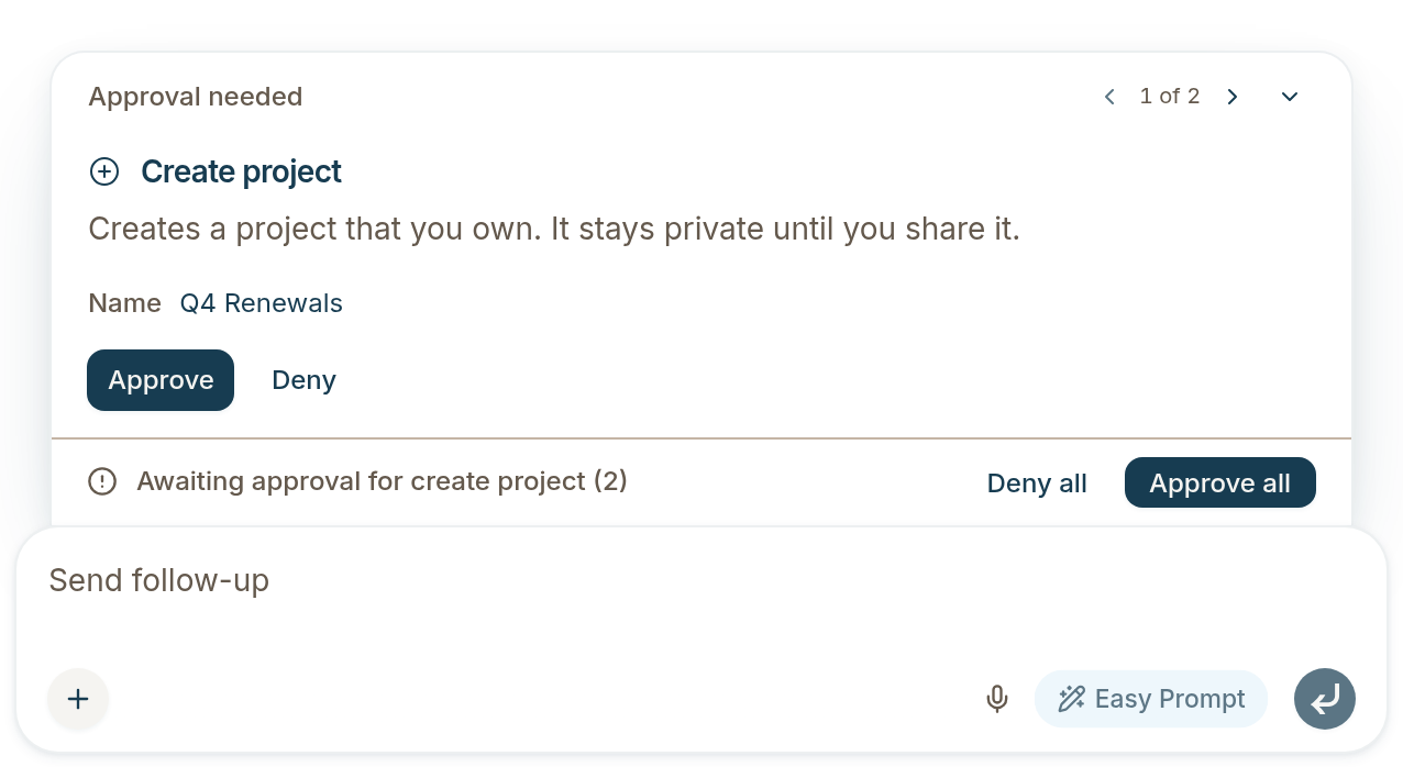 Two project approvals waiting above the composer, showing 1 of 2