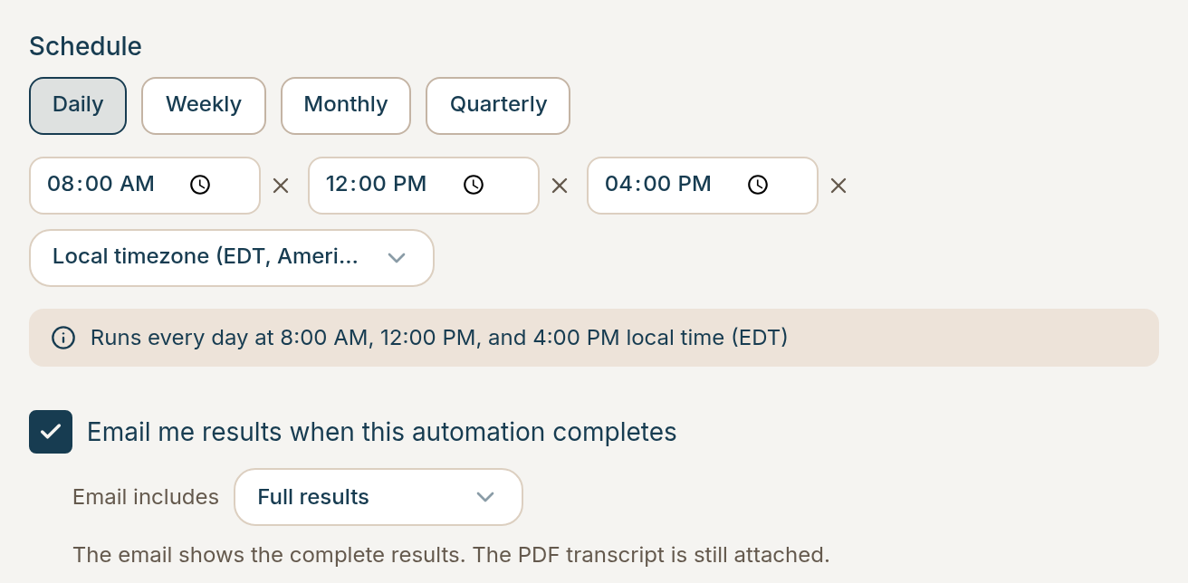 Daily schedule with three run times and Email includes set to Full results
