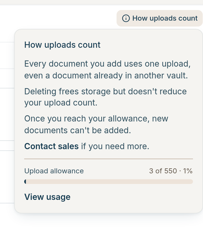 How uploads count popover with the upload allowance meter