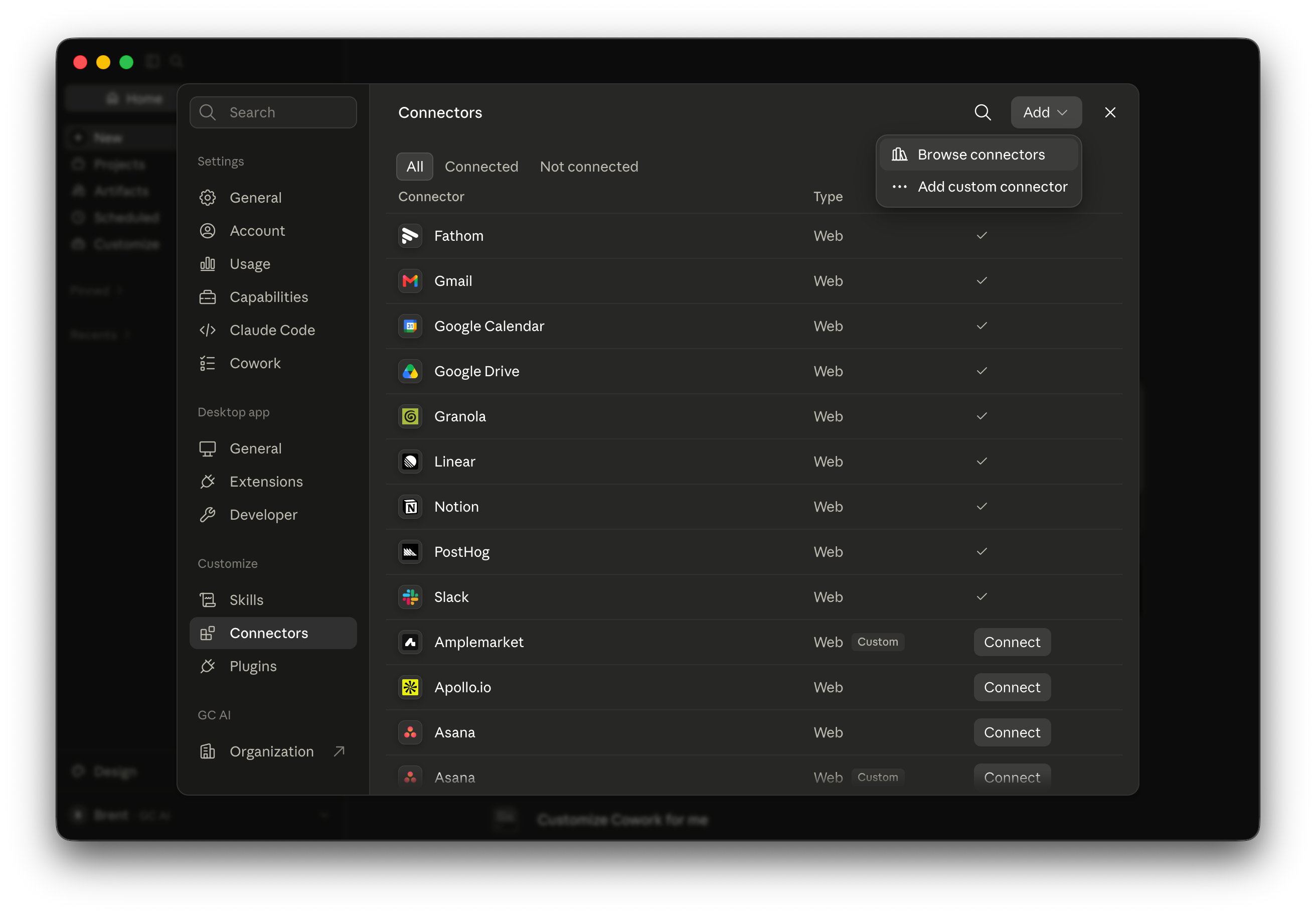 The Add menu in Claude Connectors with Browse connectors selected