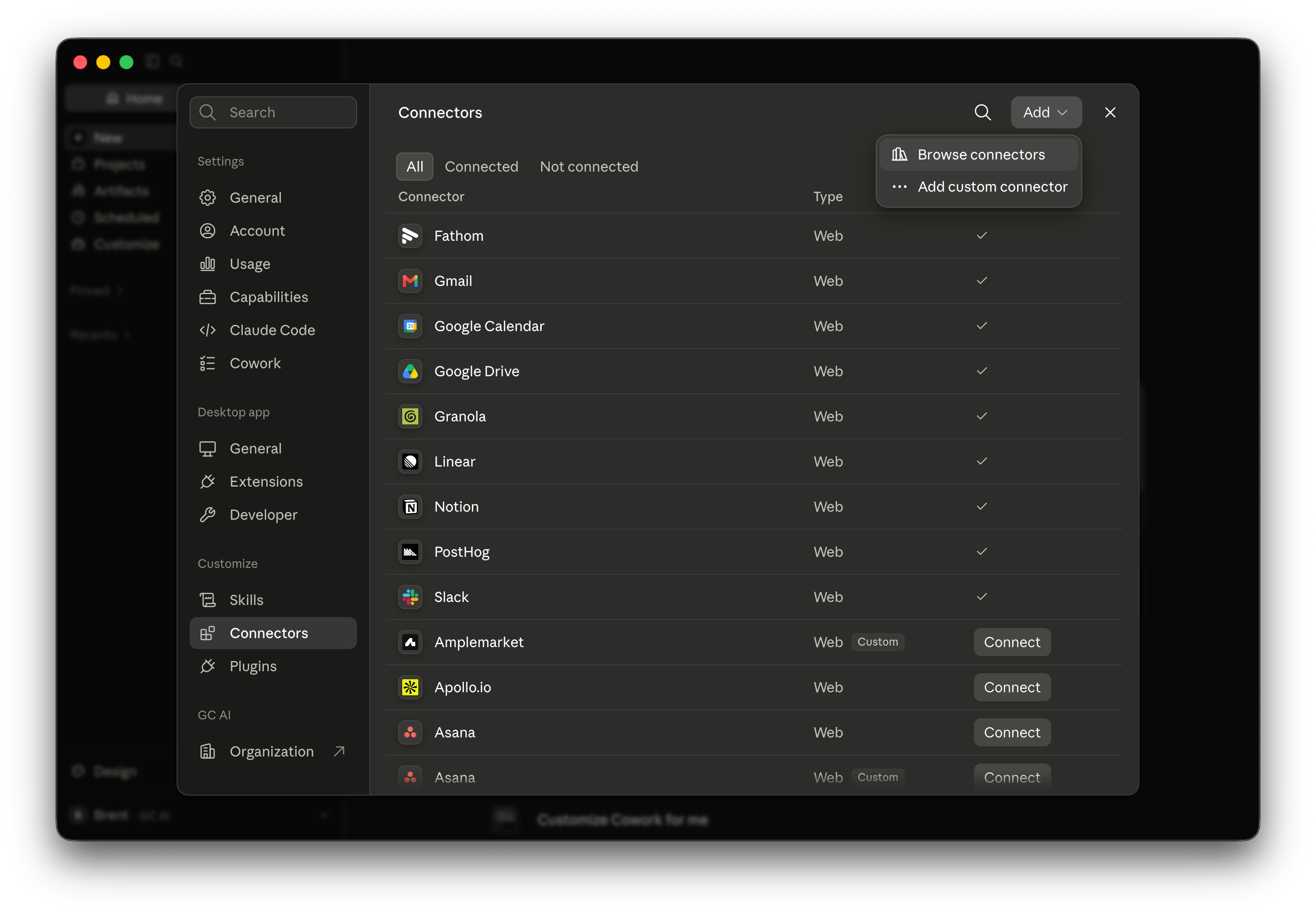 The Add menu in Claude Connectors with Browse connectors selected