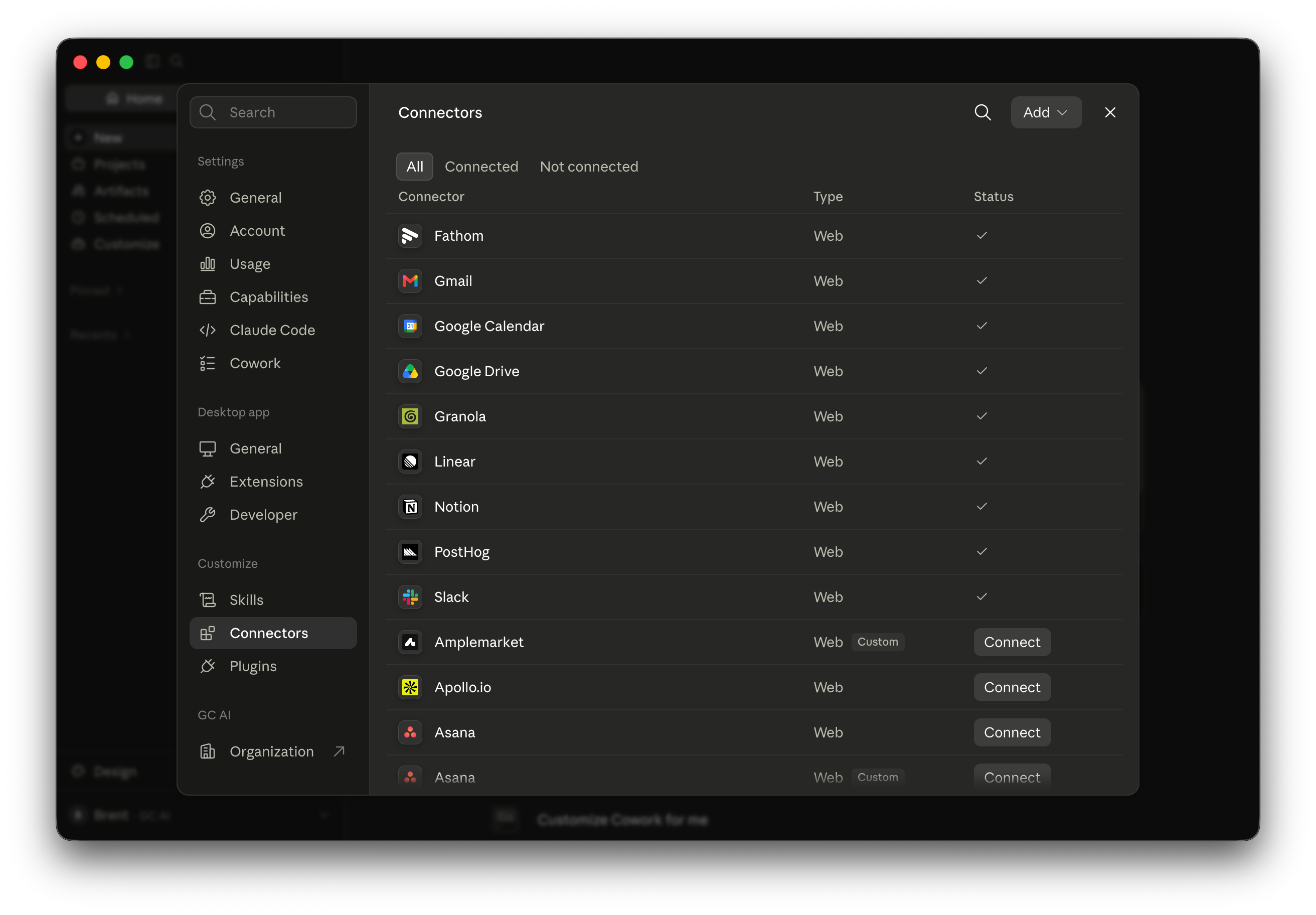 The Connectors page in Claude settings