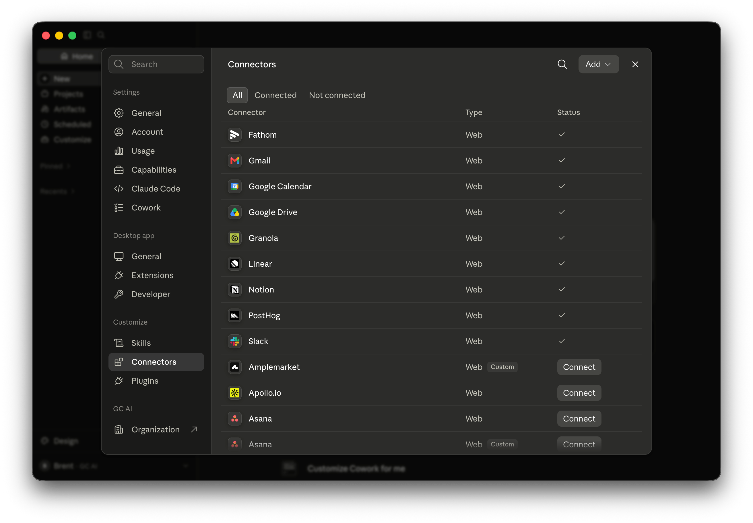 The Connectors page in Claude settings