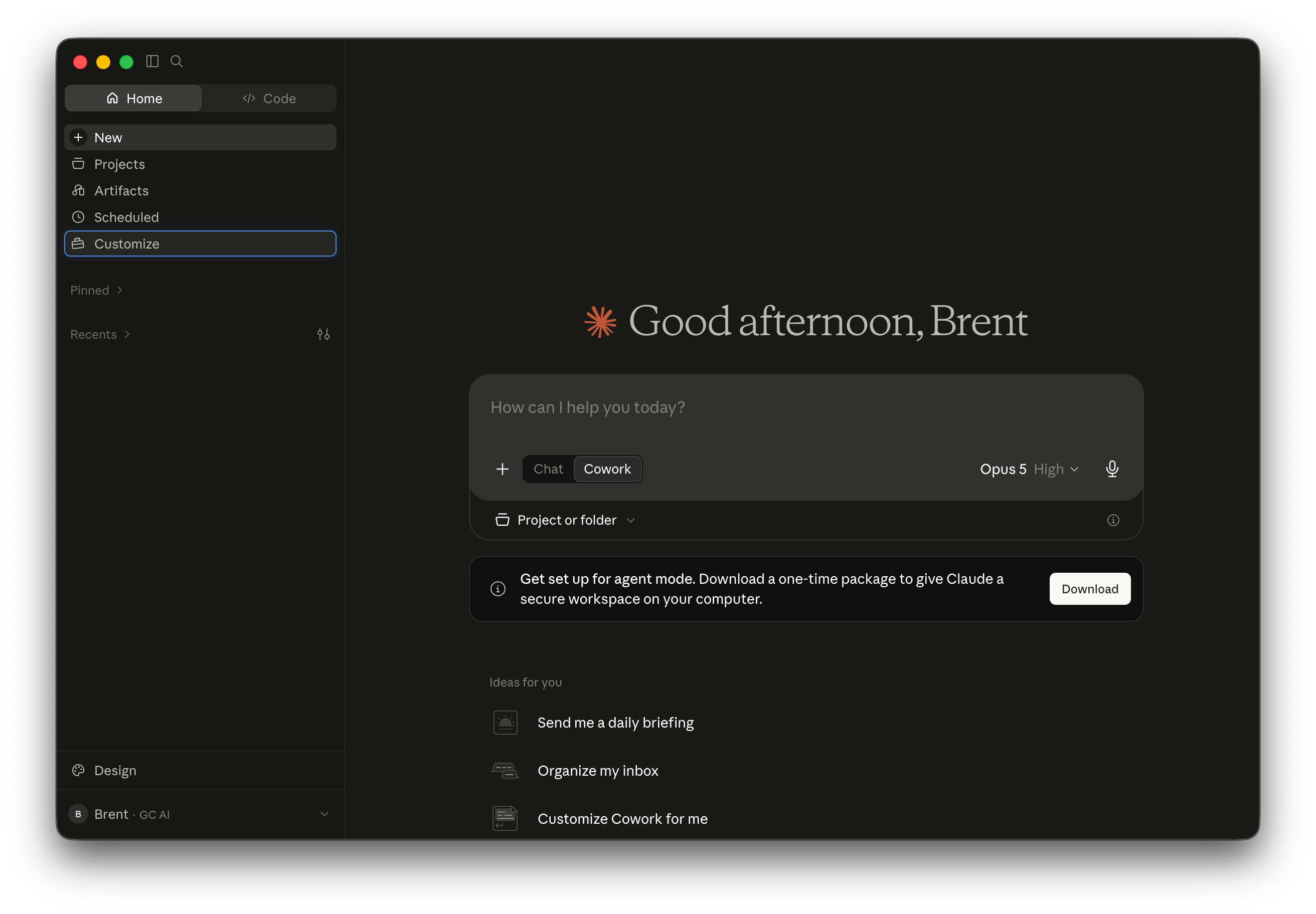 The Claude sidebar with Customize selected