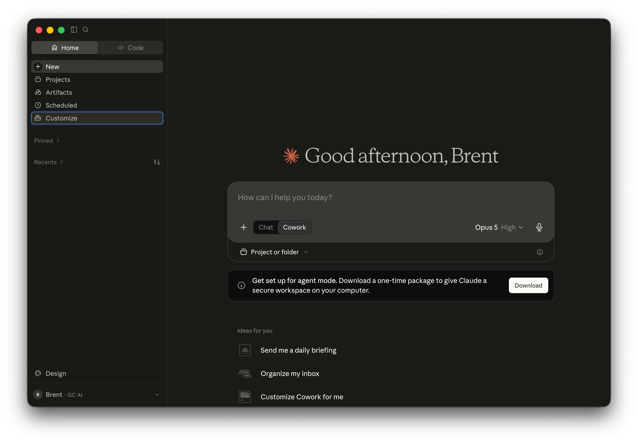 The Claude sidebar with Customize selected