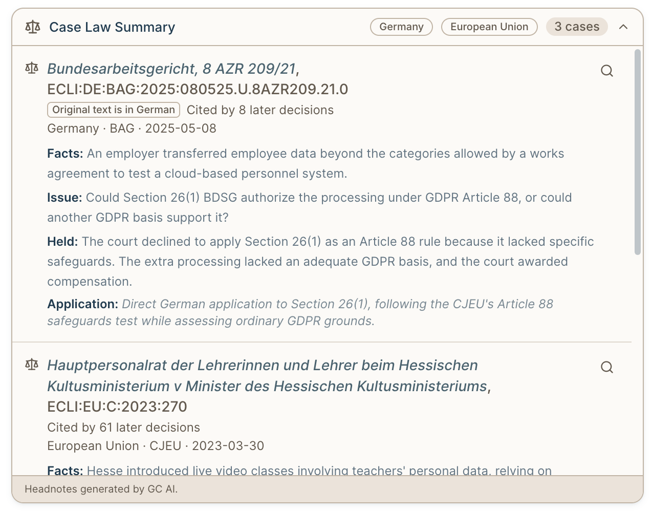 A case law summary table with a German Federal Labour Court decision and a CJEU judgment, each broken down by facts, issue, holding, and application