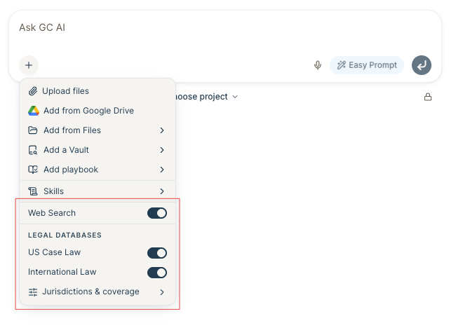 The + menu in chat showing the Web Search toggle and the Legal databases section with US Case Law, International Law, and Jurisdictions & coverage