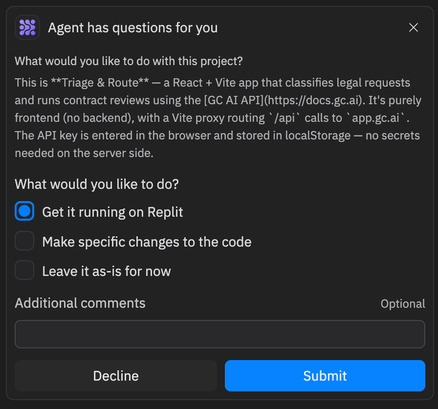 Replit Agent prompt asking what to do with the project, with Get it running on Replit selected