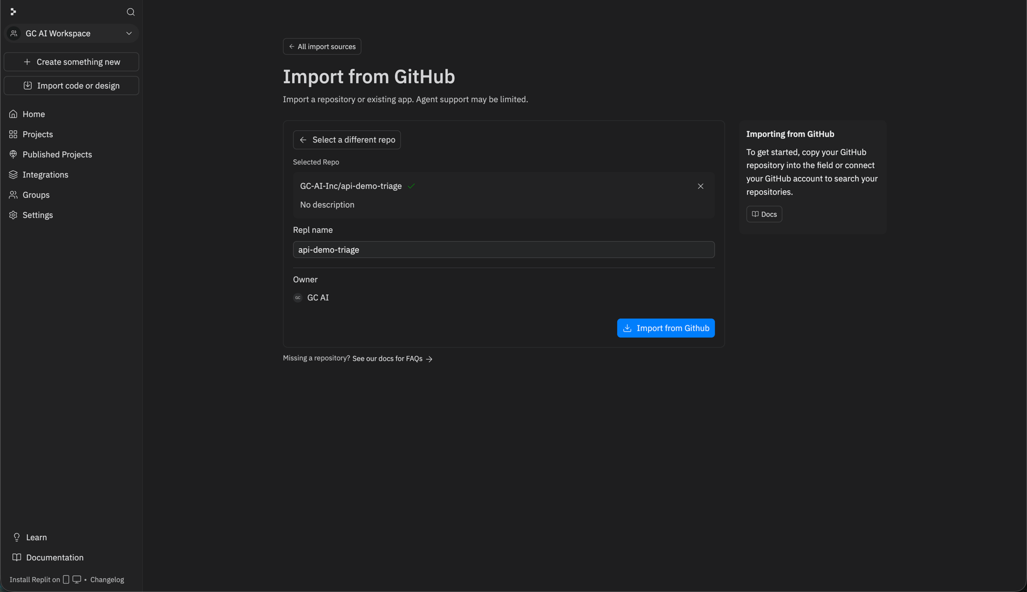 Replit's Import from GitHub page with the GC AI example repository pre-selected and an Import from Github button