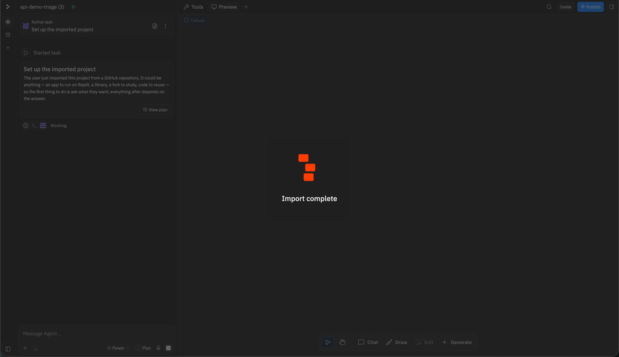 Replit showing Import complete while the Agent sets up the project