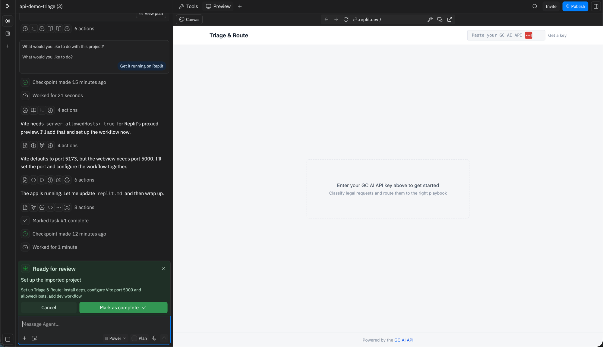 The running example app with a field to paste your GC AI API key