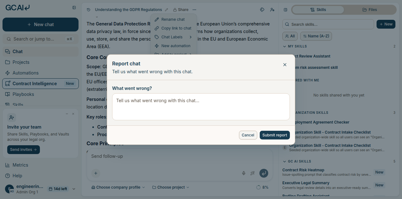 Report chat dialog with a comment field and Submit report button