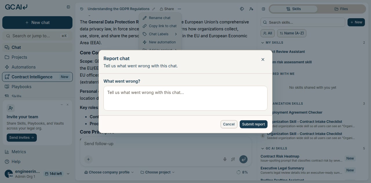 Report chat dialog with a comment field and Submit report button