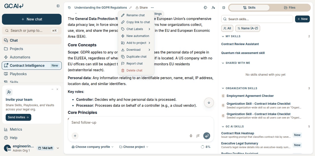 Chat settings menu with Report chat highlighted