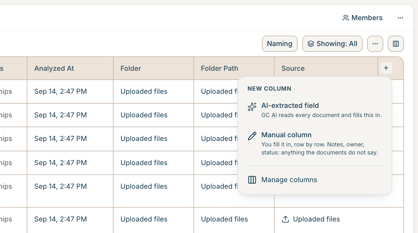Manual column option in the add-column menu