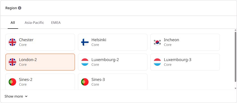 Region selection section showing available regions grouped by geography