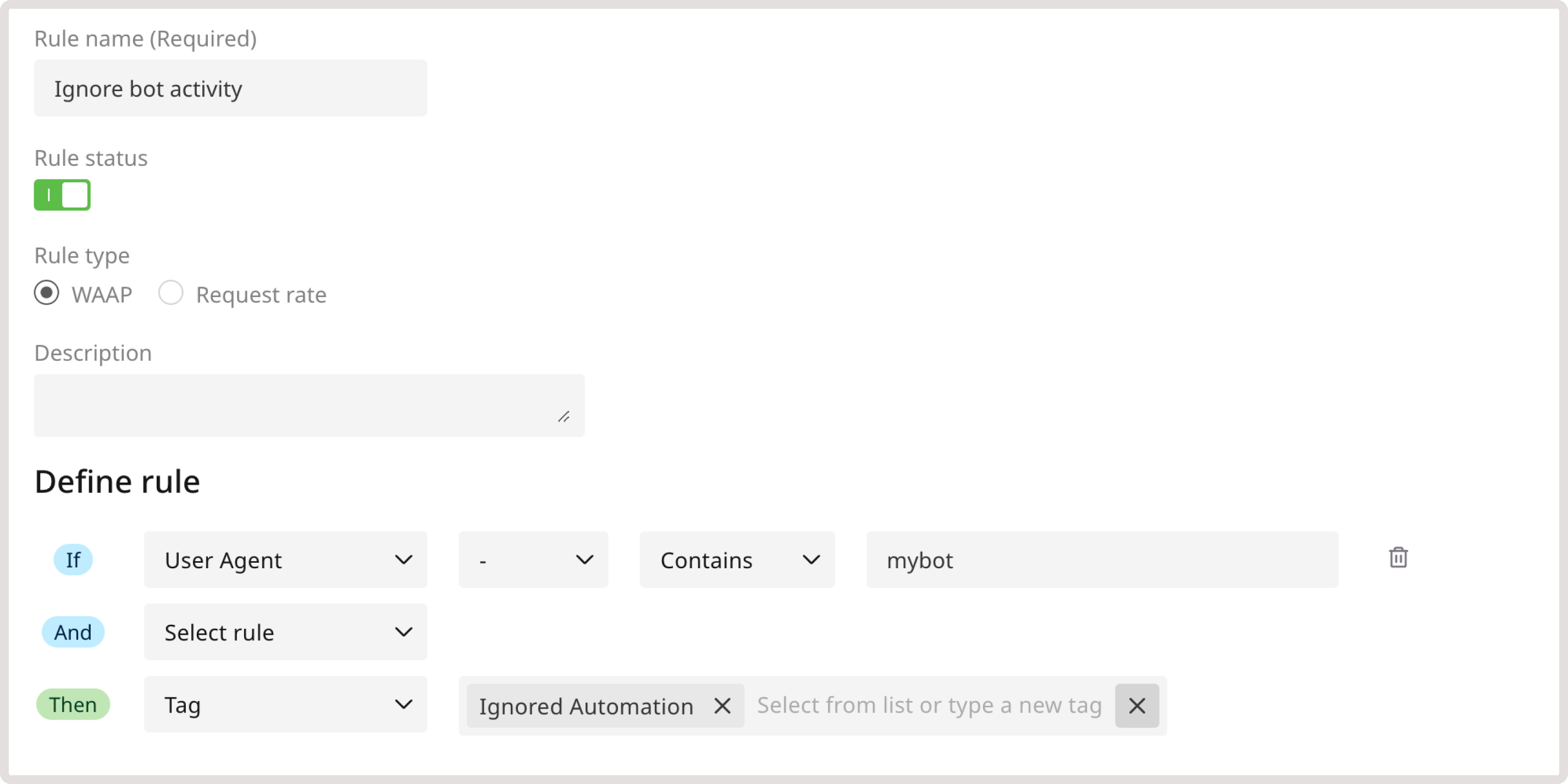 A custom rule for tagging requests with ignored bot activity