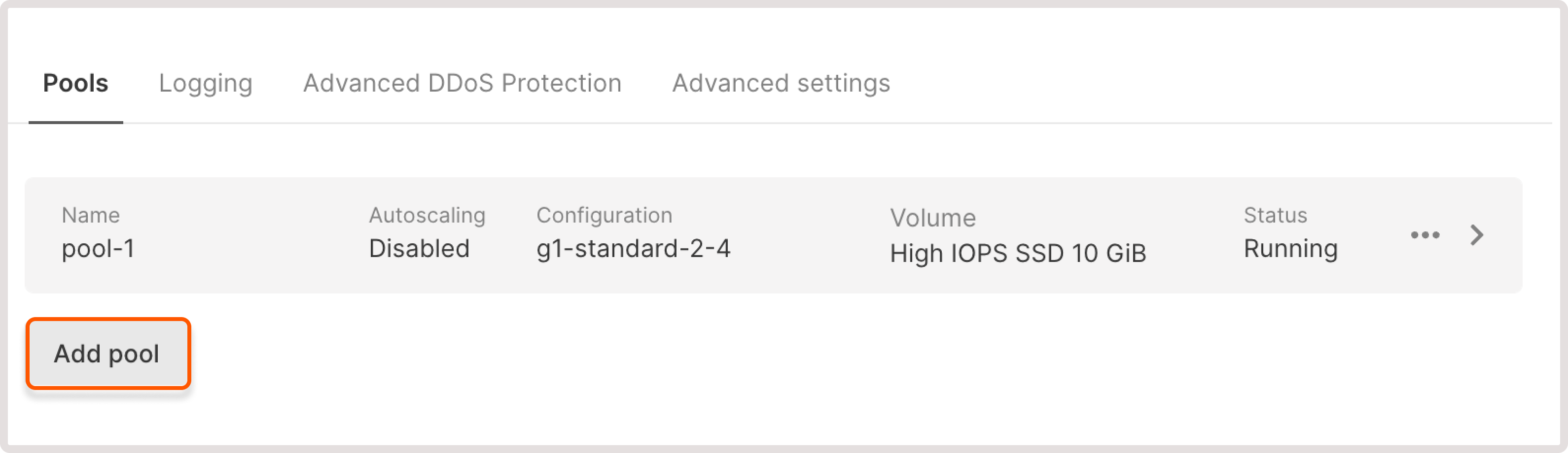 Managed Kubernetes cluster with add pool button highlighted