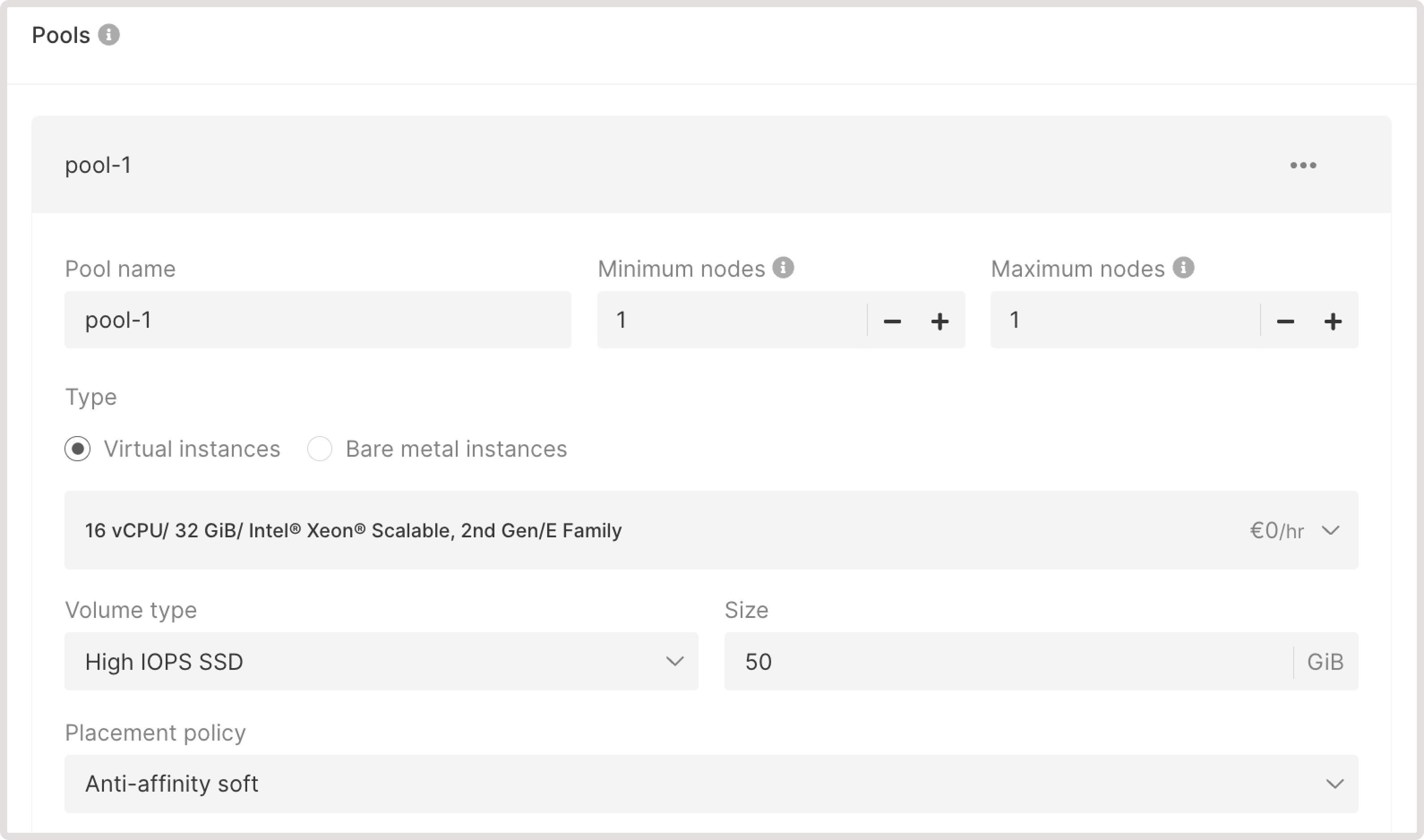 Pools configuration section on the Create Kubrnetes cluster page