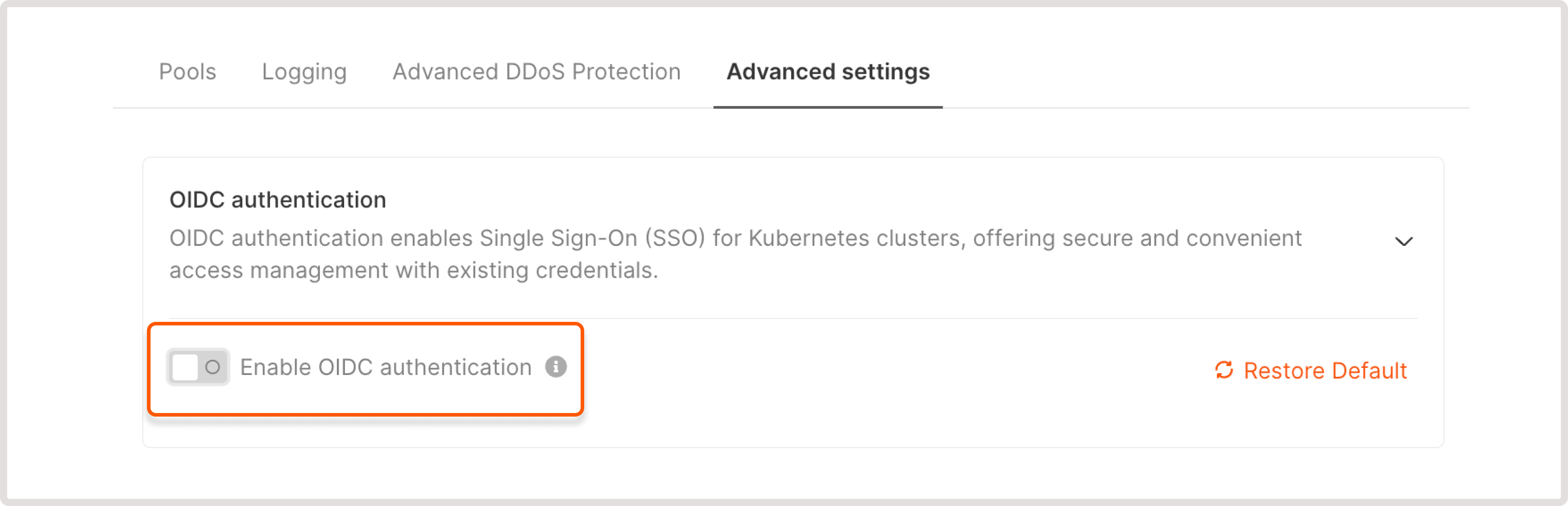 Disabled OpenID Connect authentication toggle