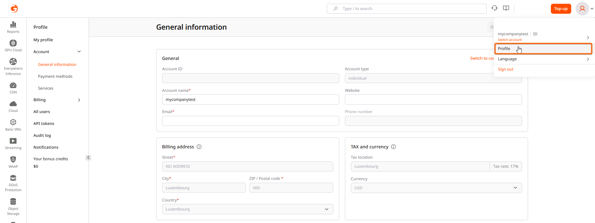 Account General information page
