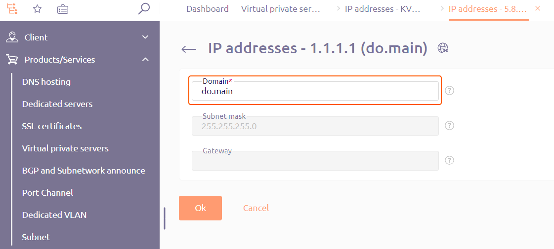 IP addresses window