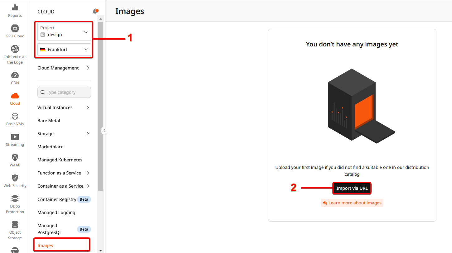 Gcore Customer Portal - Import an image via URL in the Images section