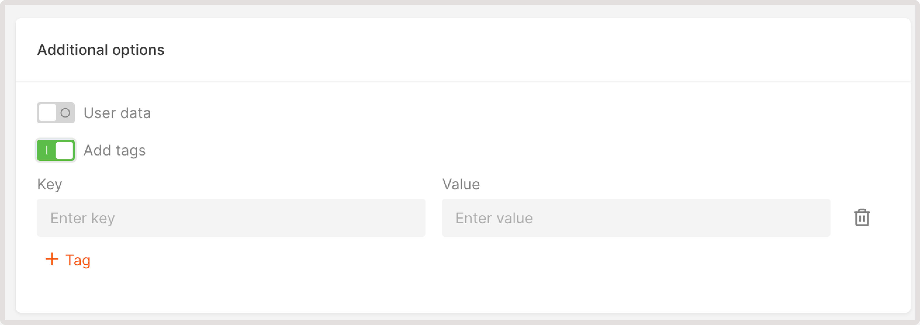 A menu with tag settings