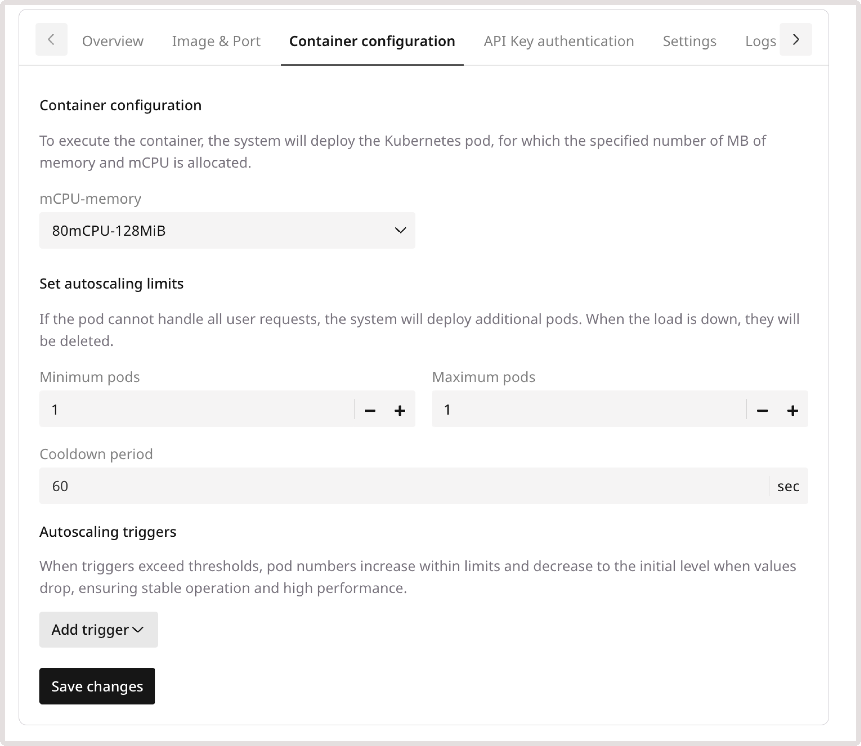 Container configuration tab
