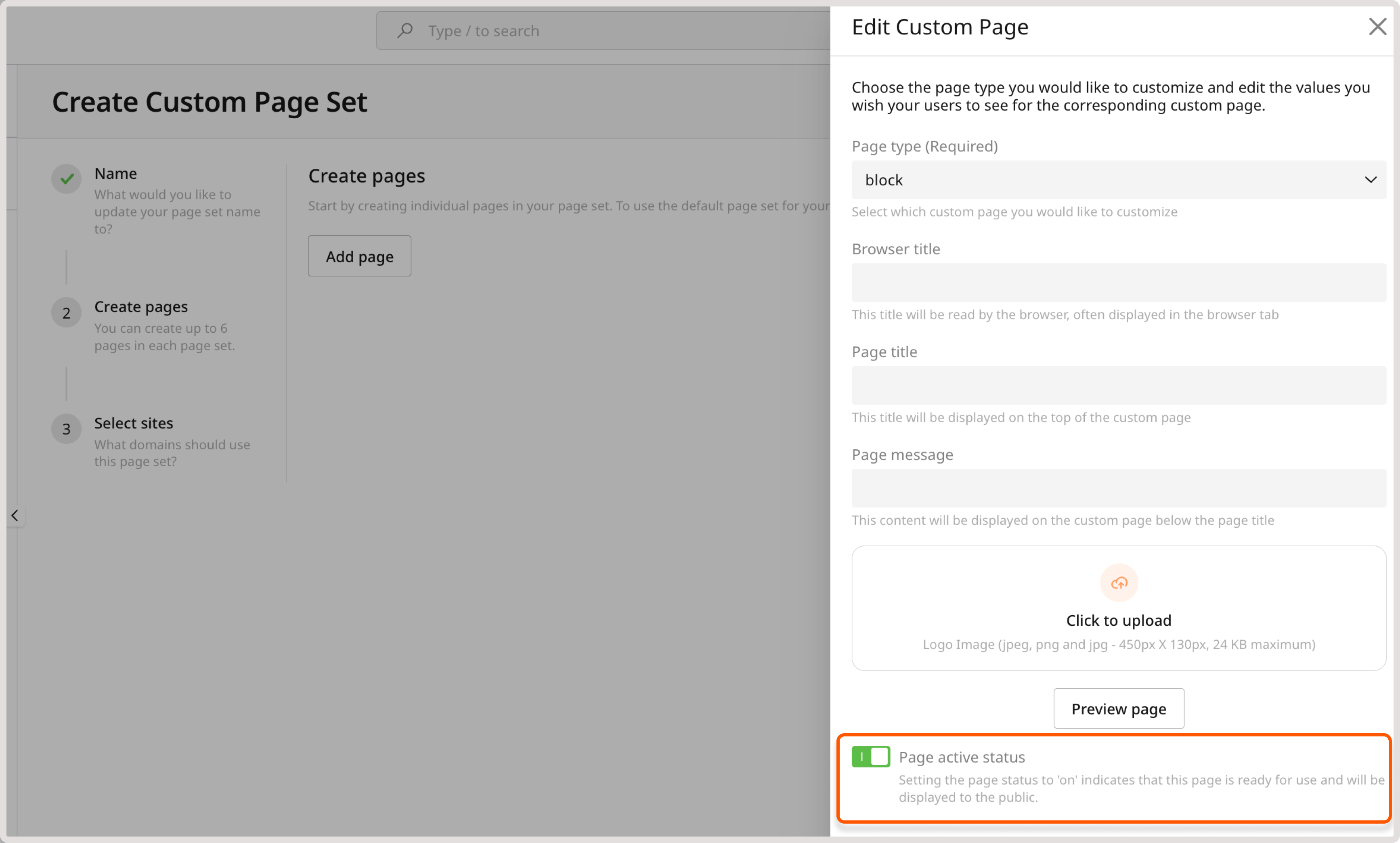 Set page to active toggle enabled