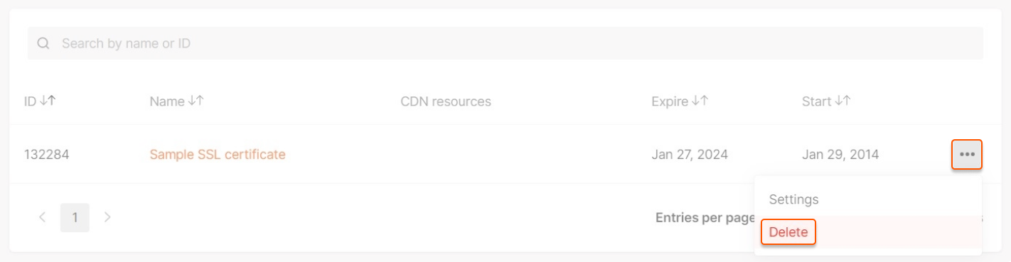 Delete an SSL certificate